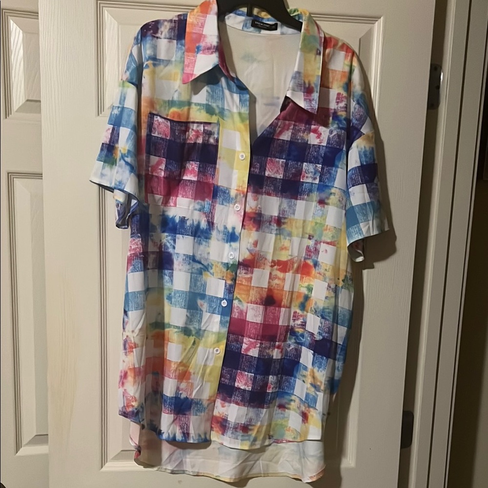 Colorful Checkered Short Sleeve Shirt Women’s 1XL